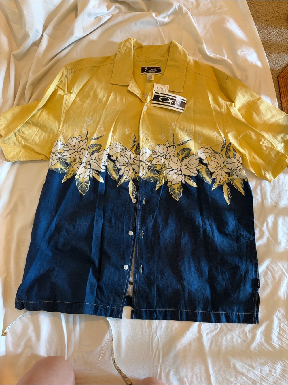 OP Yellow and Navy Floral Short-Sleeve Camp Shirt